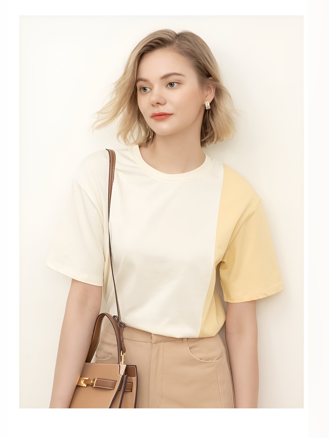 

LULU & SKY Women Colourblocked Round Neck Cotton Oversized T-shirt, Cream