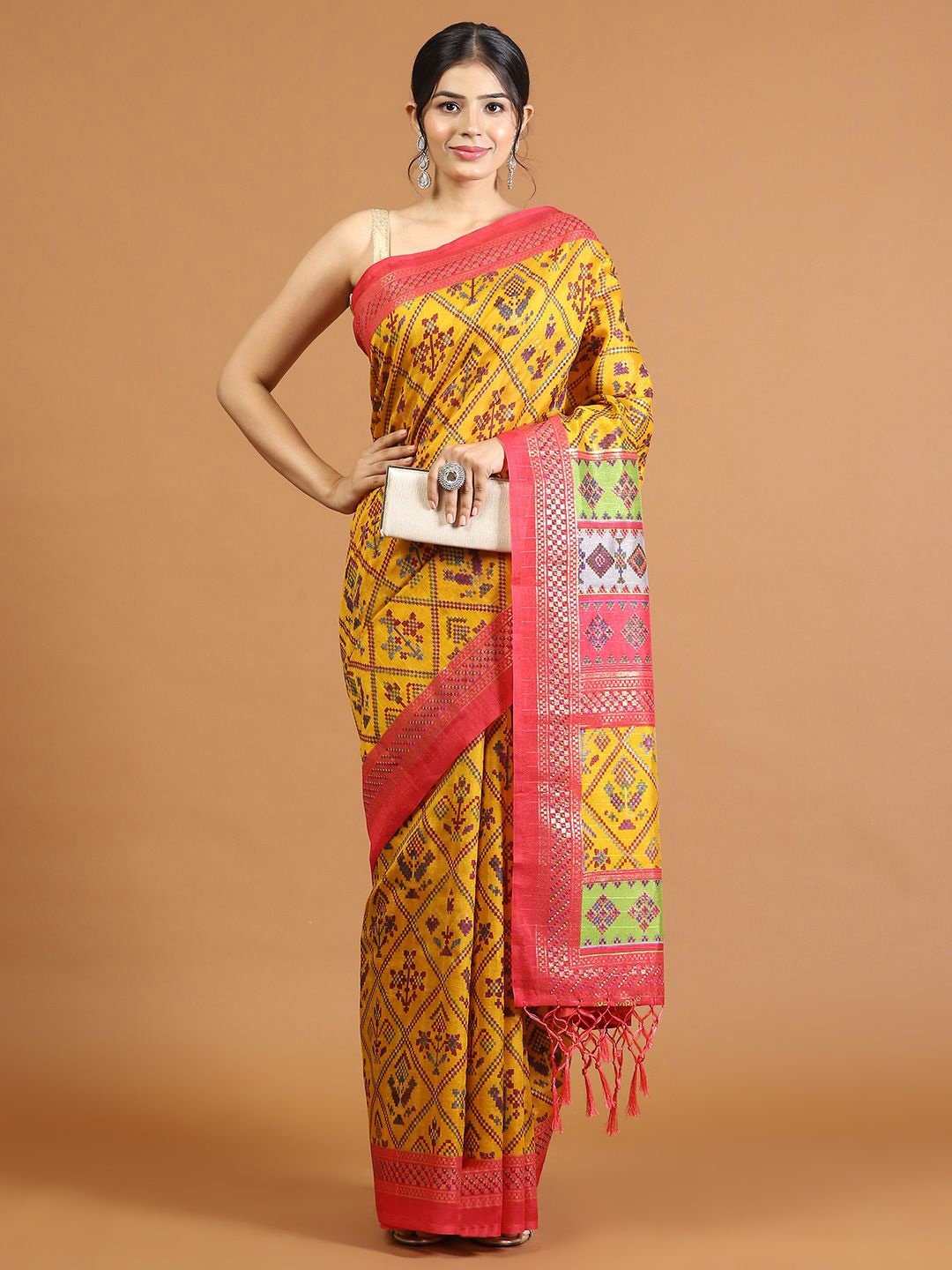 

Meena Bazaar Ethnic Motifs Printed Tussar Saree, Mustard