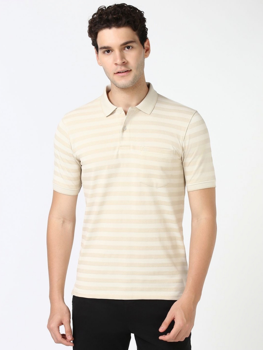 

Peter England Men Striped Polo Collar Cotton T-shirt, Cream