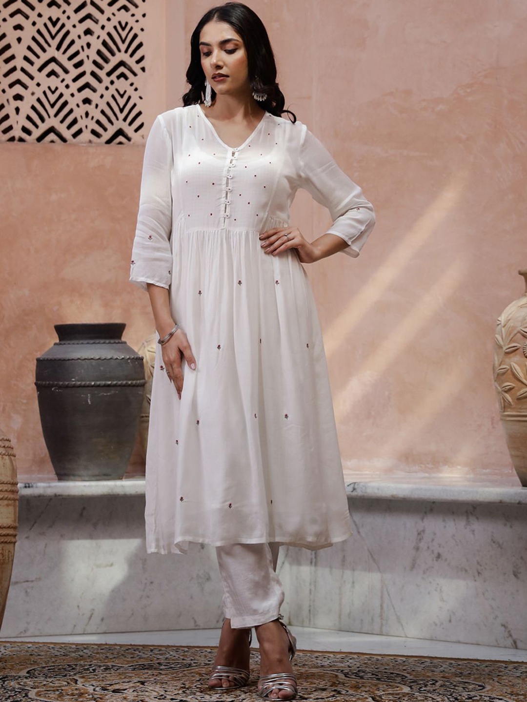 

RangDeep Floral Embroidered Thread Work Pleated Georgette Anarkali Kurta with Trousers, White