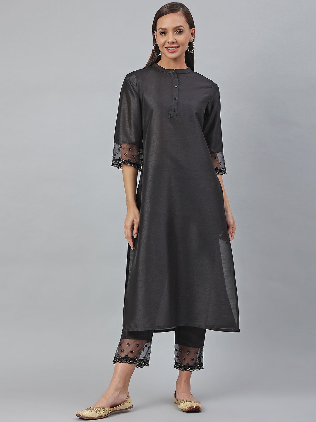 

KALINI Mandarin Collar Thread Work Straight Kurta with Trousers, Black