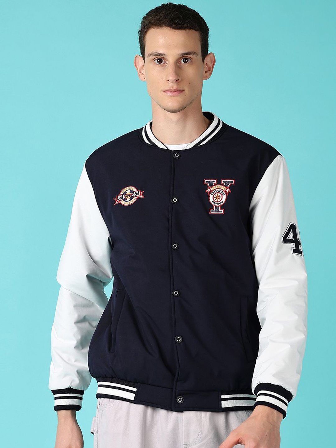 

V-Mart Men Stand Collar Typography Embroidered Cotton Casual Varsity Jacket, Navy blue
