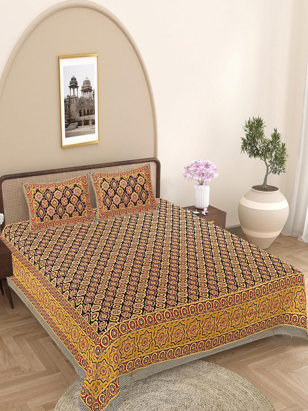 

FrionKandy Living Yellow Floral Printed Cotton 180 TC King Bedsheet Set 2.74 x 2.69 m