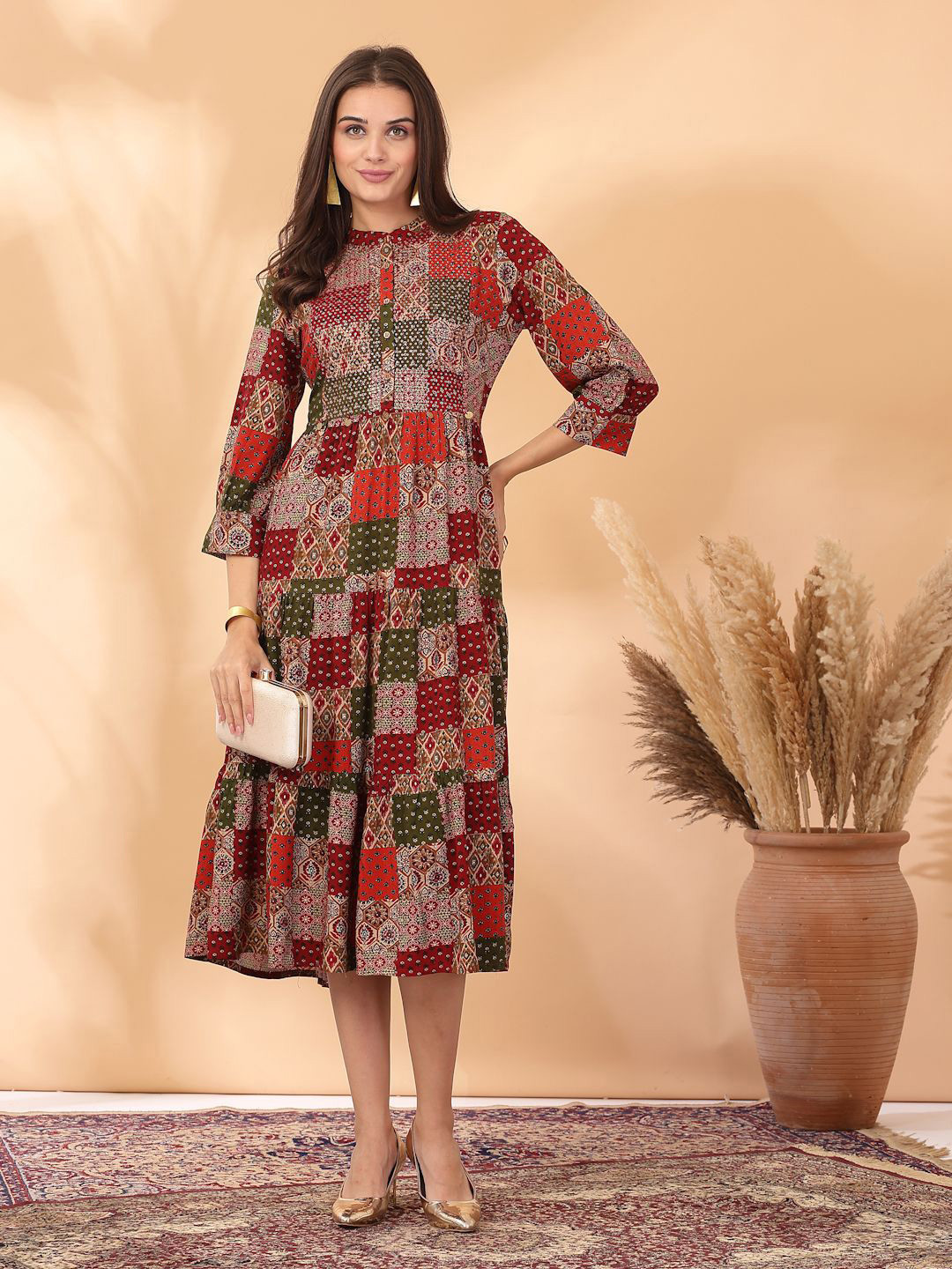 

Nayam By Lakshita Ethnic Motifs Printed Fit & Flare Dress, Maroon