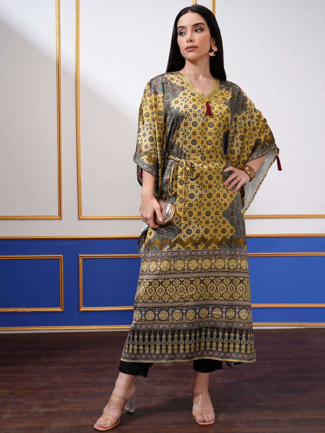 

Vishudh Women Ethnic Motifs Printed Kimono Sleeve Kaftan Midi Dress, Mustard