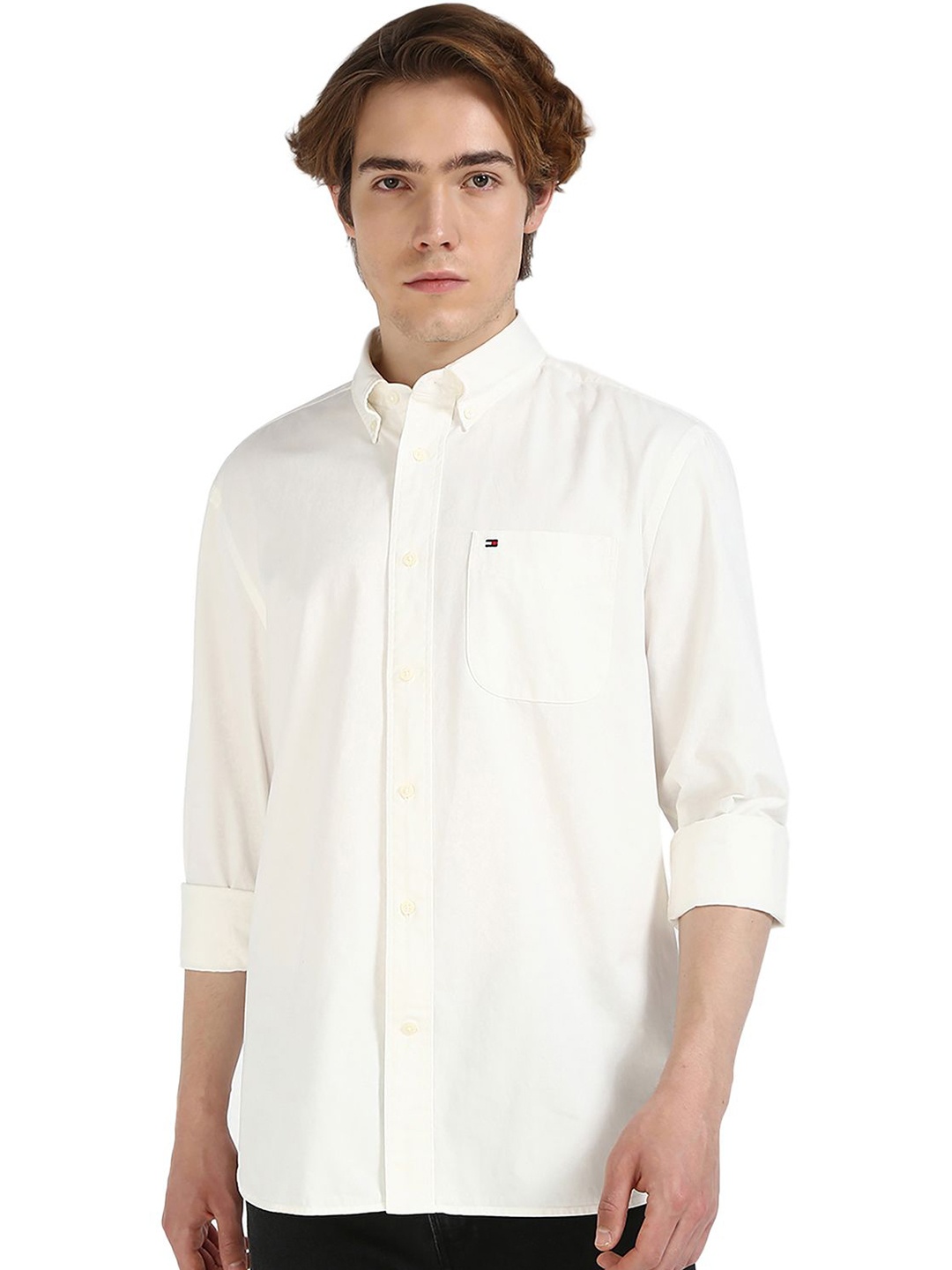 

Tommy Hilfiger Men Button-Down Collar Solid Cotton Casual Shirt, Off white
