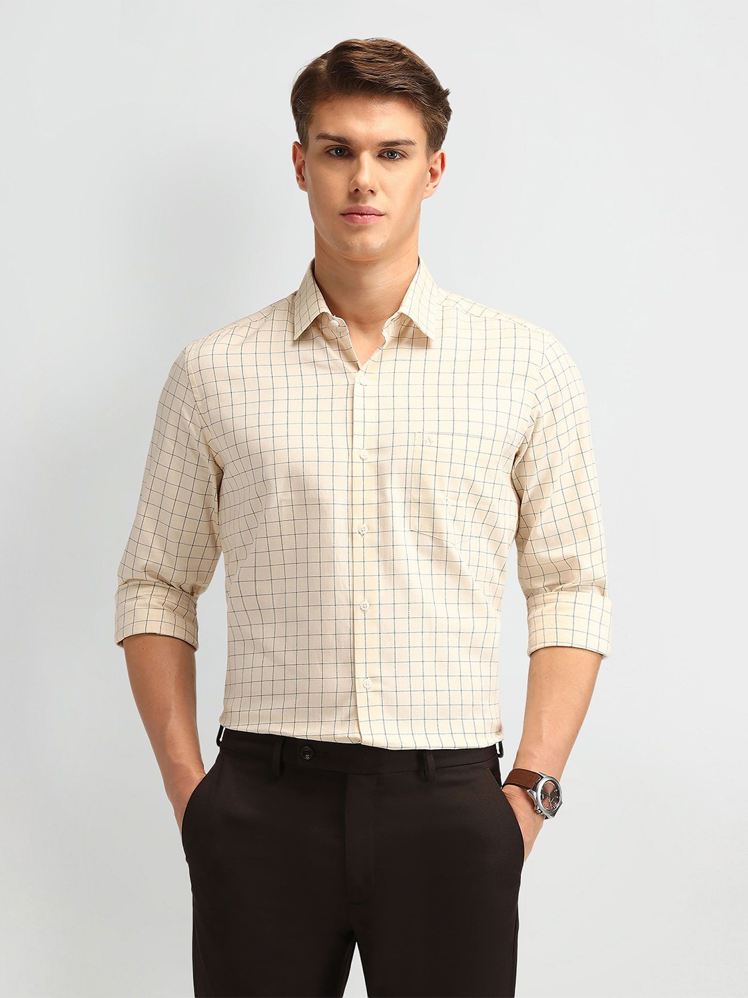 

Arrow Men Cutaway Collar Gingham Checked Cotton Slim Fit Formal Shirt, Beige