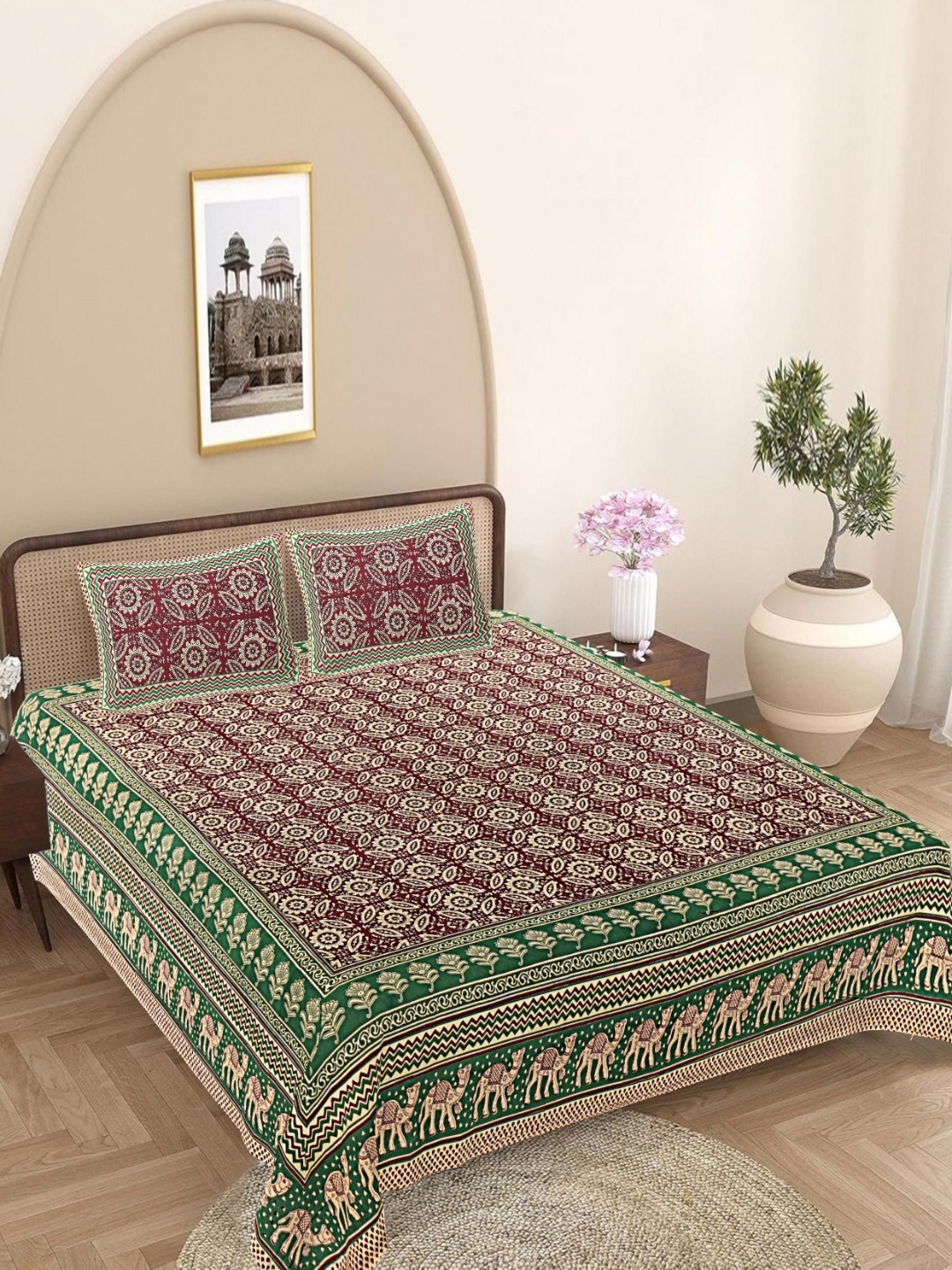 

FrionKandy Living Green Ethnic Motifs Printed Cotton 180 TC King Bedsheet Set 2.74 x 2.69m