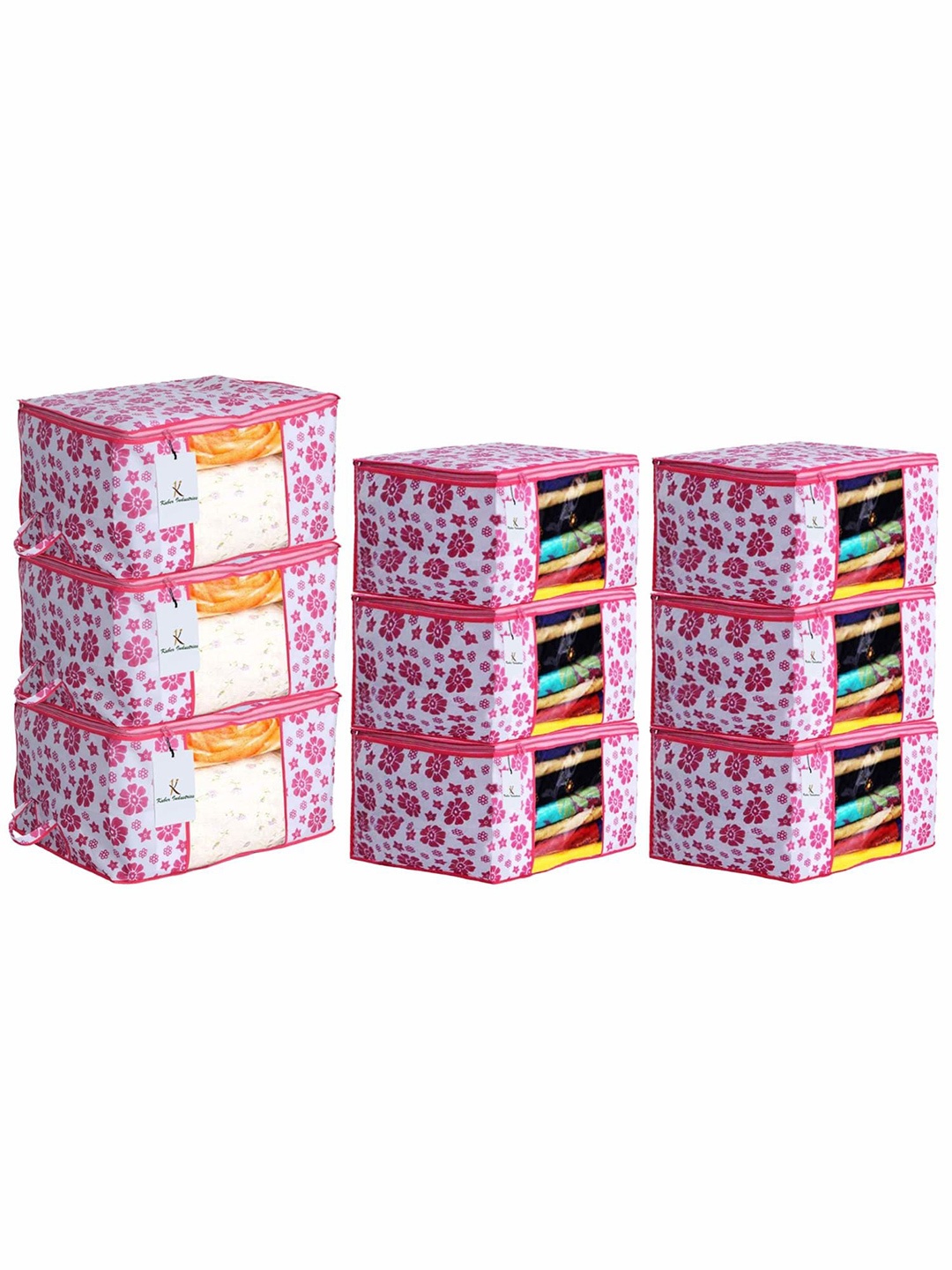 

Kuber Industries Pink & White 9 Pieces Floral Printed Drawer Organisers