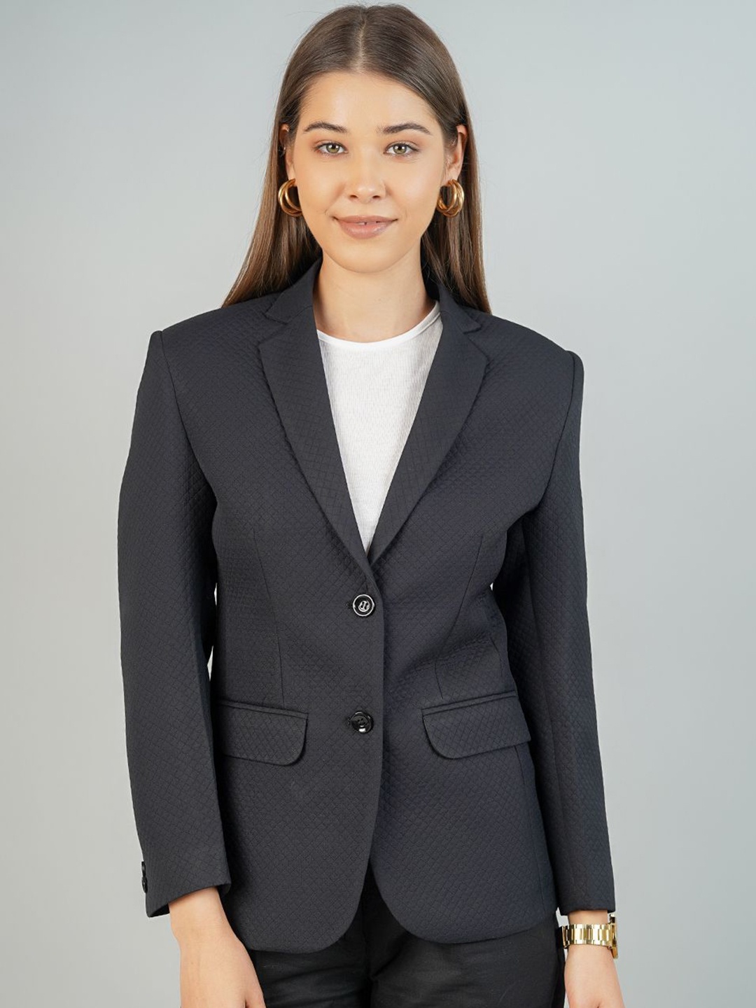 

INDOPHILIA Self Design Notched Lapel Single Breasted Blazer, Black