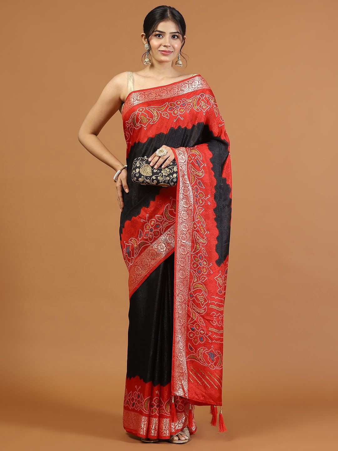 

Meena Bazaar Bandhani Art Silk Saree, Black
