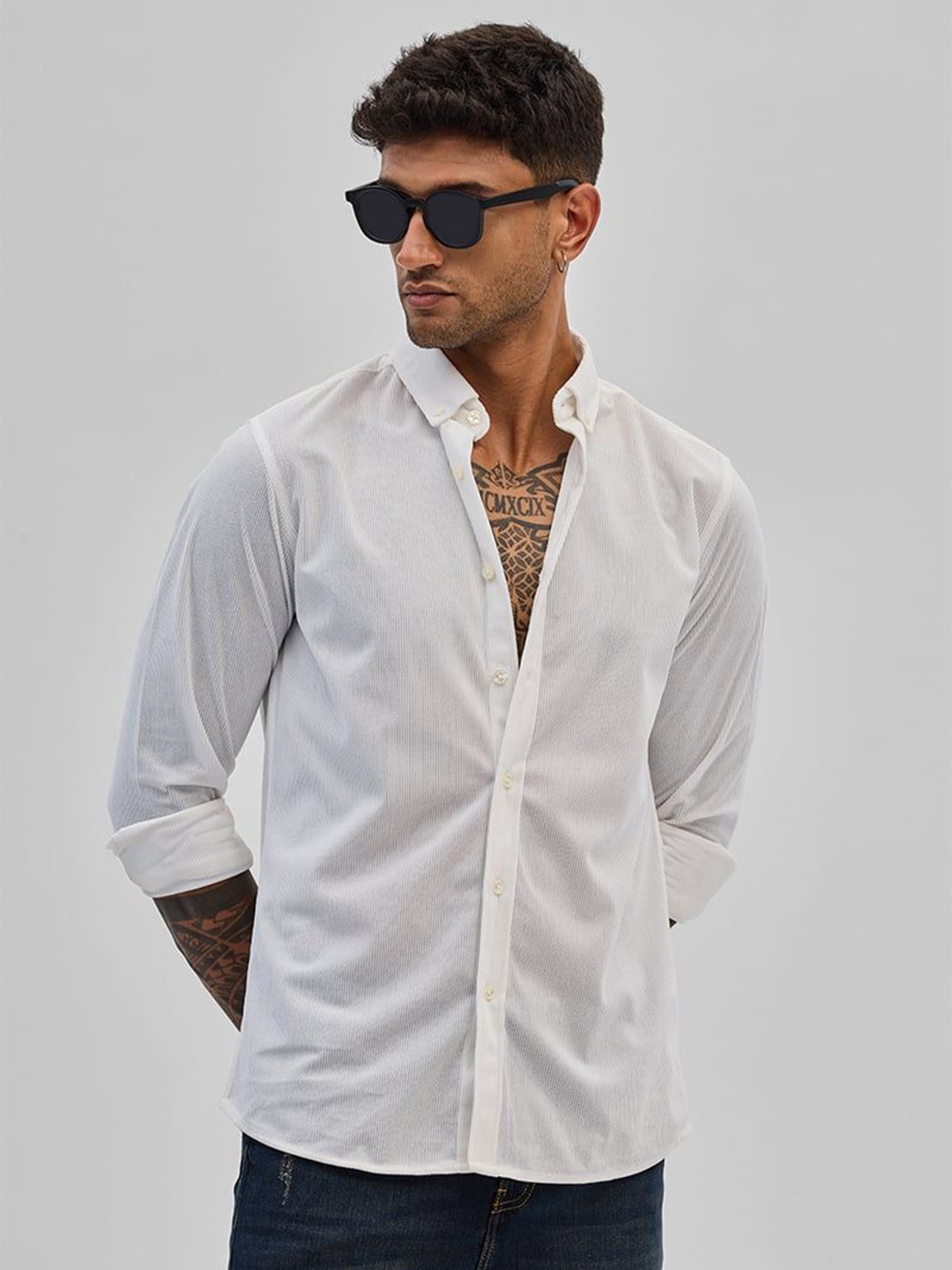 

Snitch Men Smart Button-Down Collar Textured Casual Shirt, White