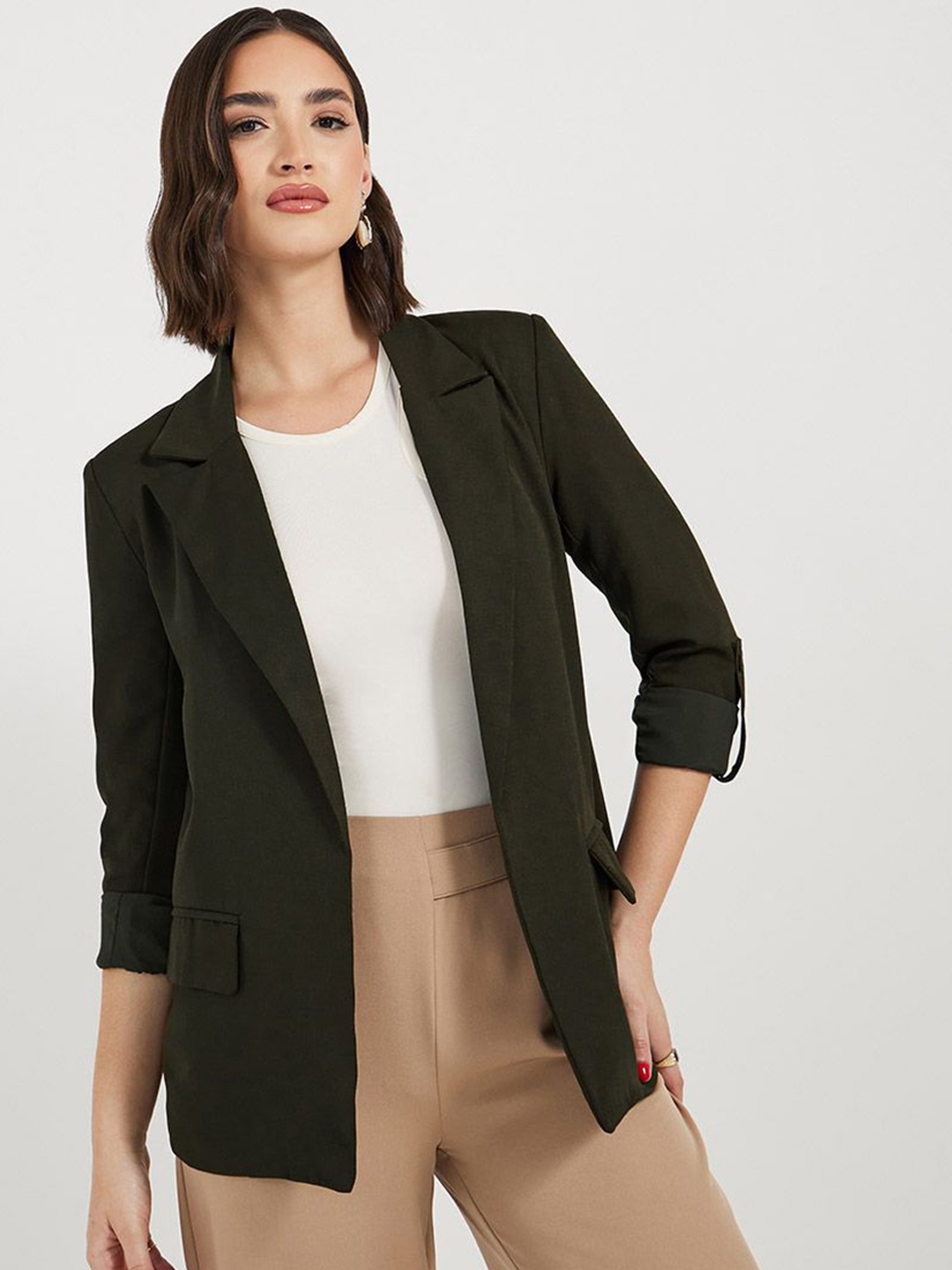 

Styli Women Regular Fit Longline Single Breasted Blazer, Olive