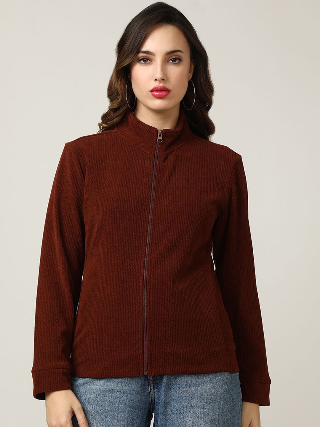 

Fort Collins Women Mock Collar Solid Corduroy Casual Bomber Jacket, Brown