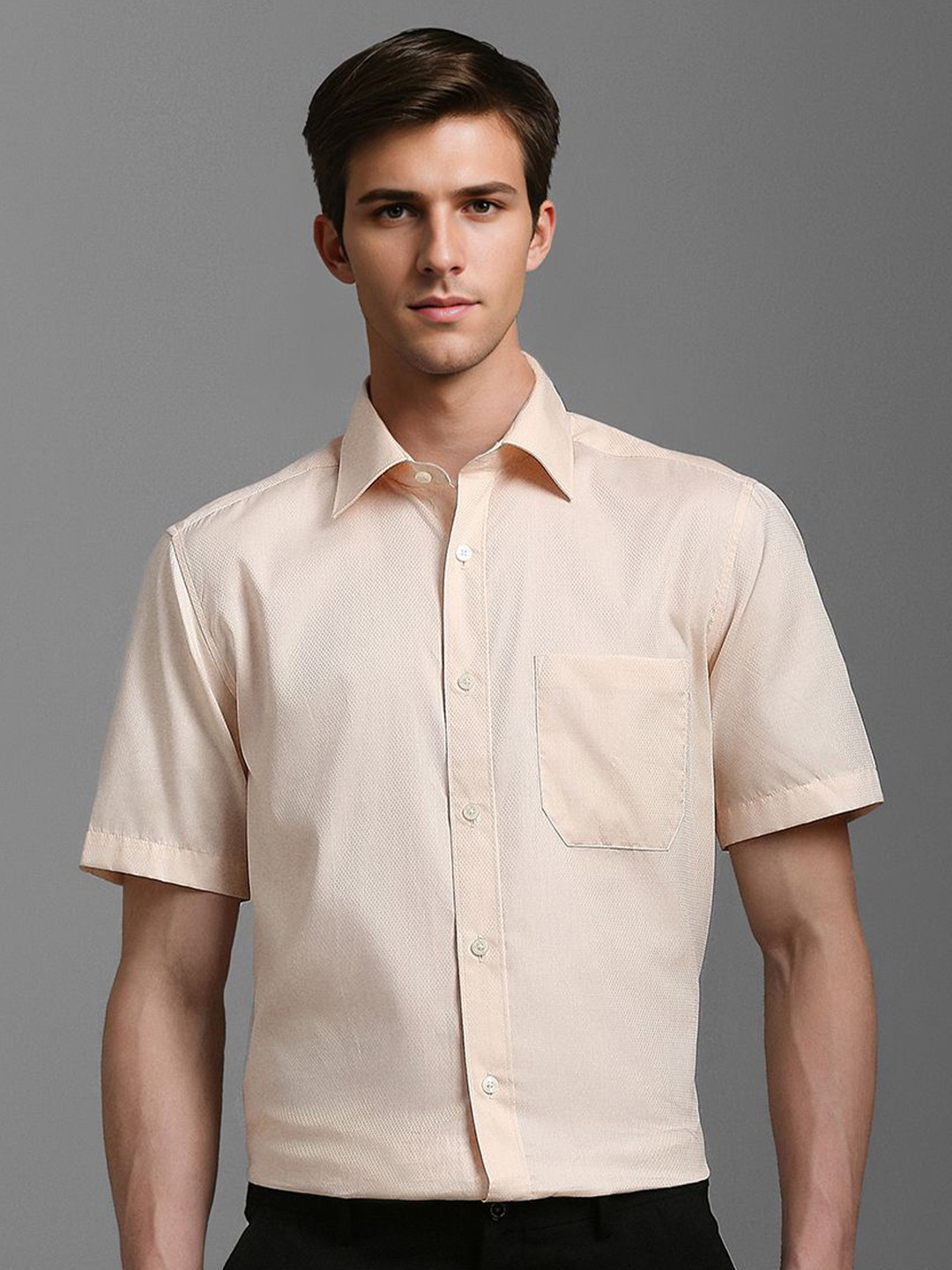 

Louis Philippe Men Classic Spread Collar Textured Cotton Formal Shirt, Peach