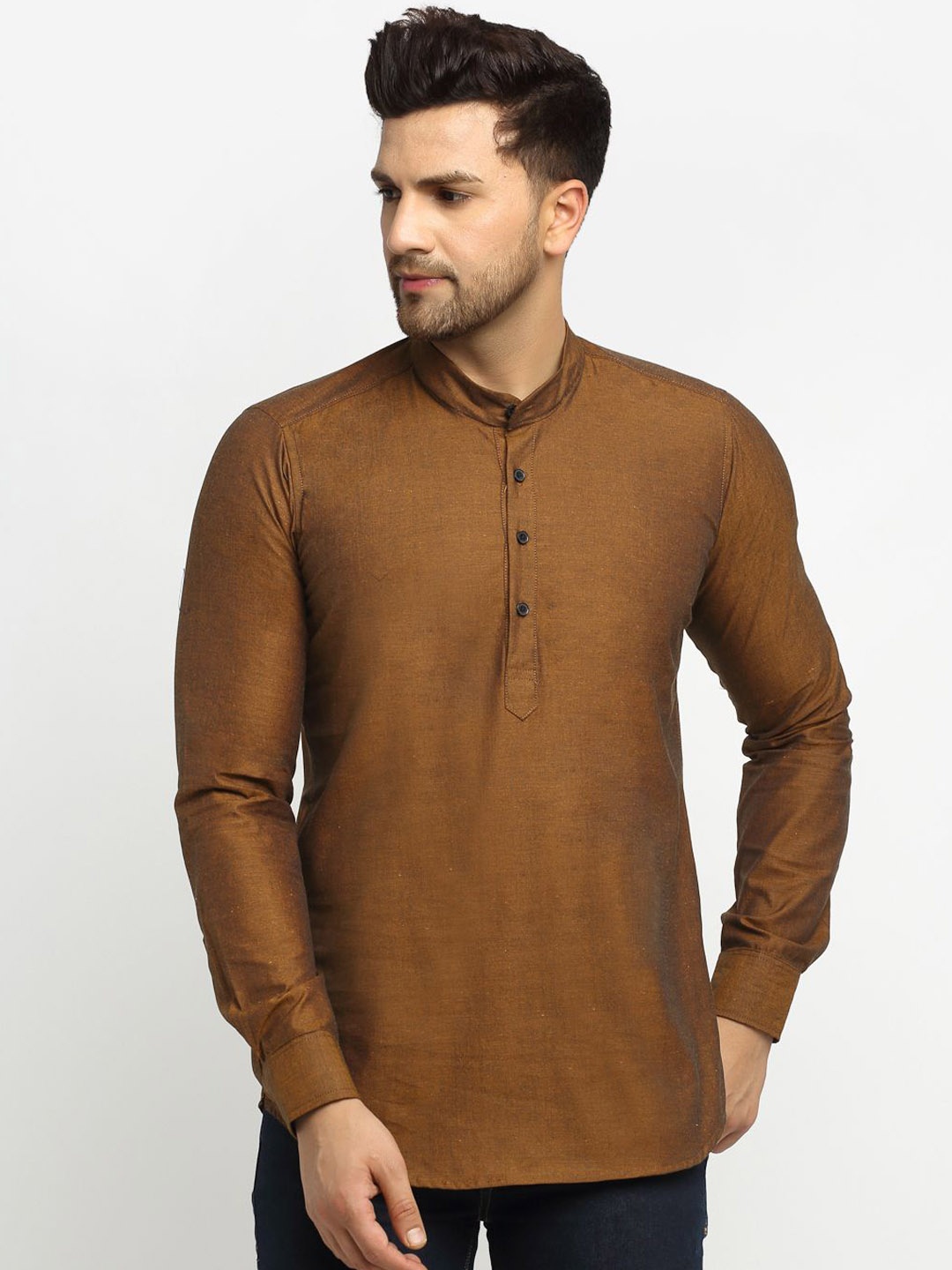 

Cross Court Band Collar Cotton Straight Short Kurta, Brown