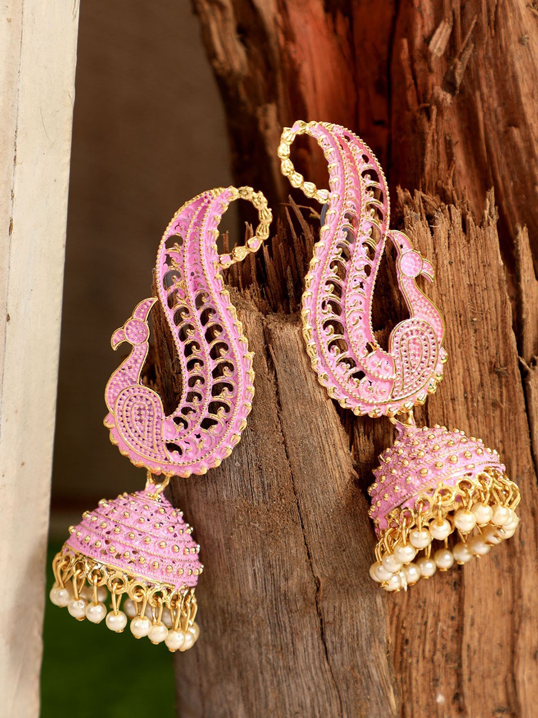 

Anouk Gold-Plated Beaded Peacock Shaped Jhumkas