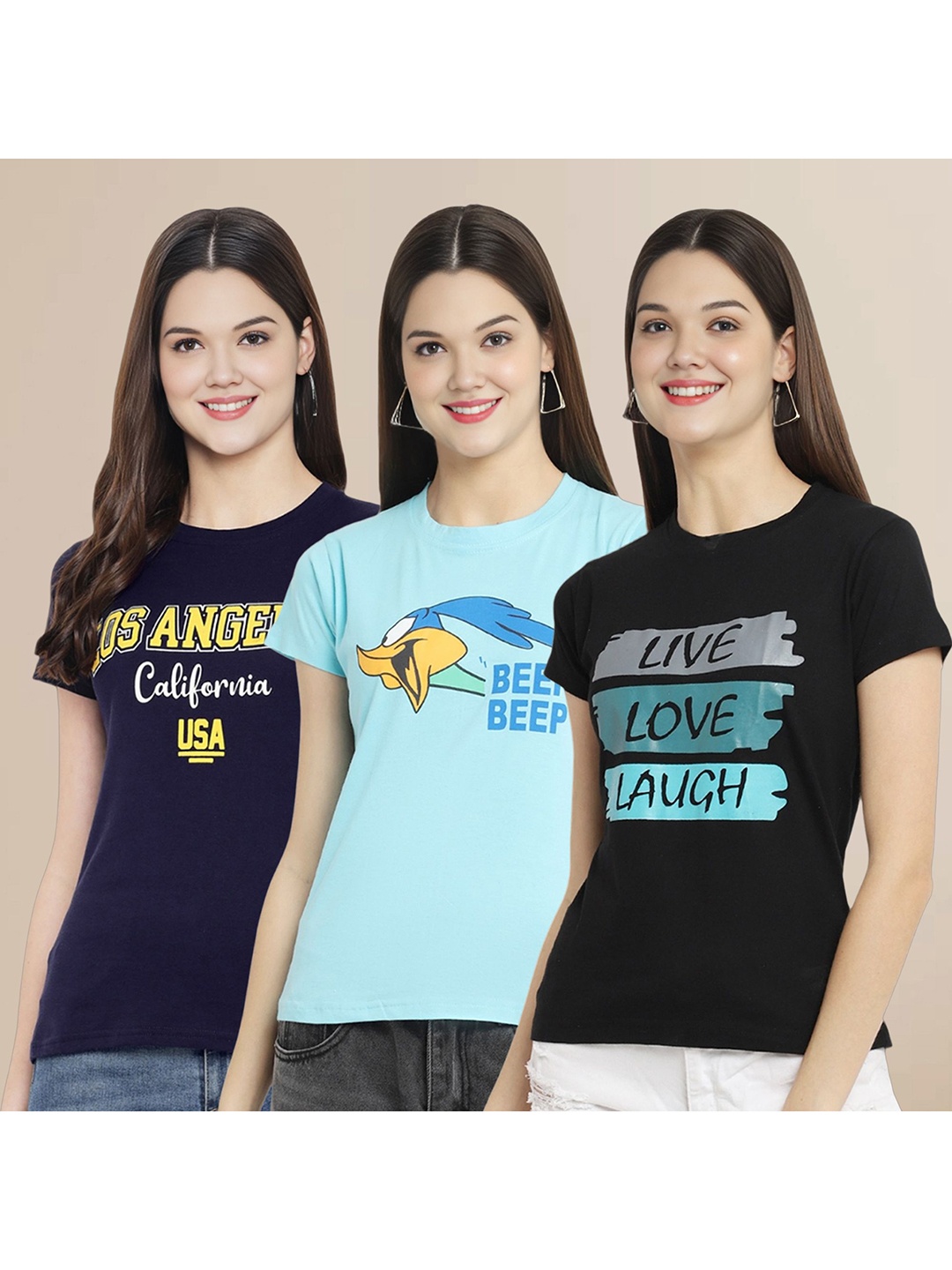 

Metronaut Women Pack Of 3 Typography Printed Round Neck Cotton Looney Tunes T-shirts, Navy blue