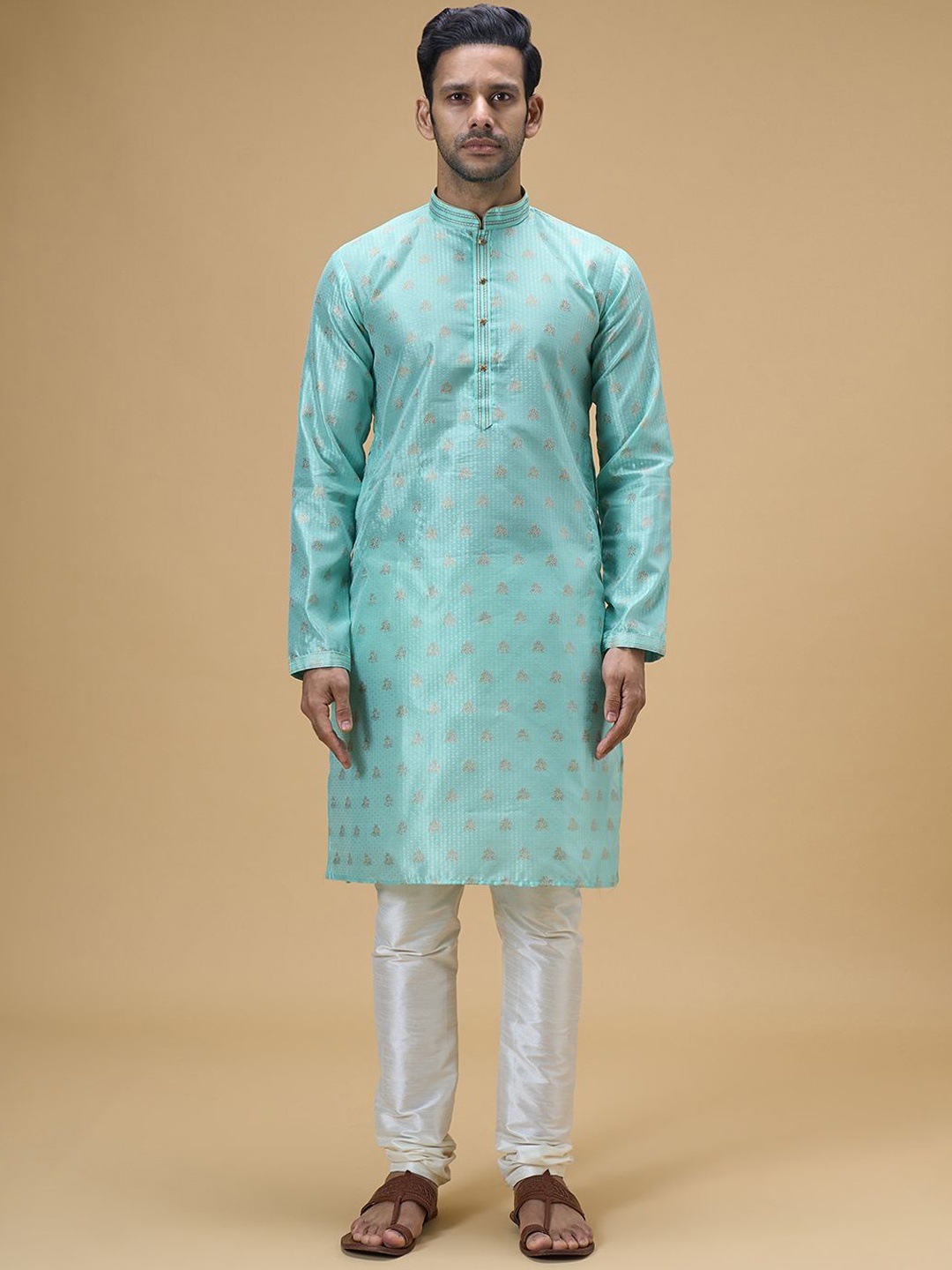 

Arihant Rai Sinha Mandarin Collar Ethnic Motifs Woven Design Straight Kurta with Churidar, Green