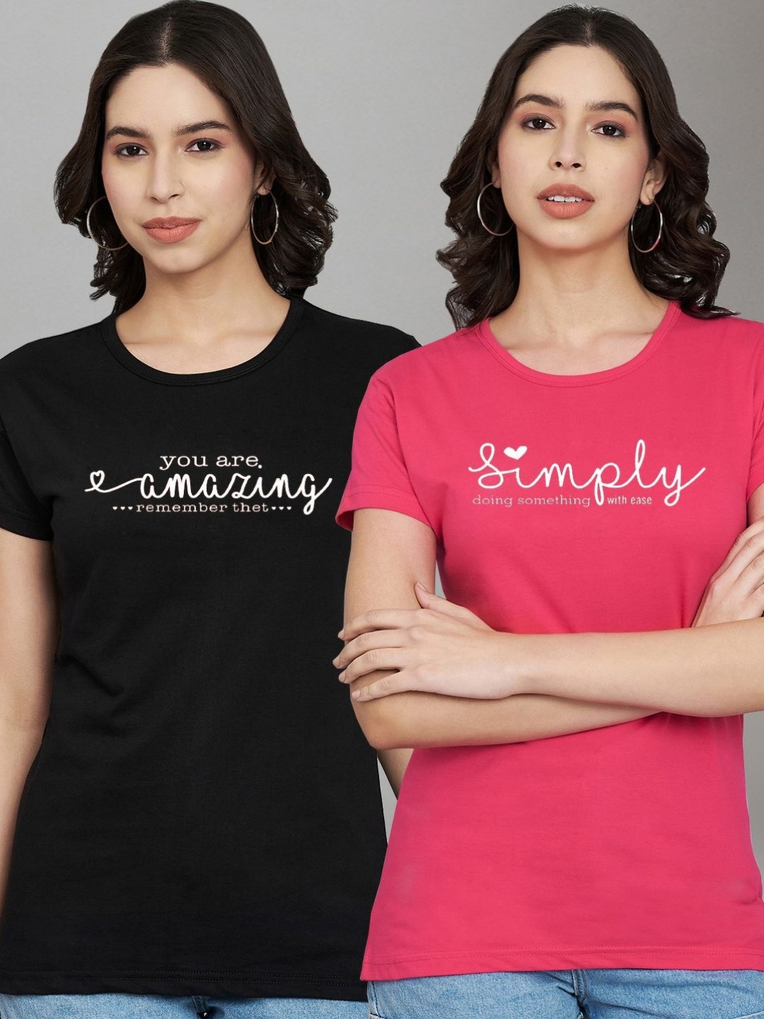 

Trend Level Women Pack Of 2 Geometric Printed Round Neck Cotton T-shirts, Black