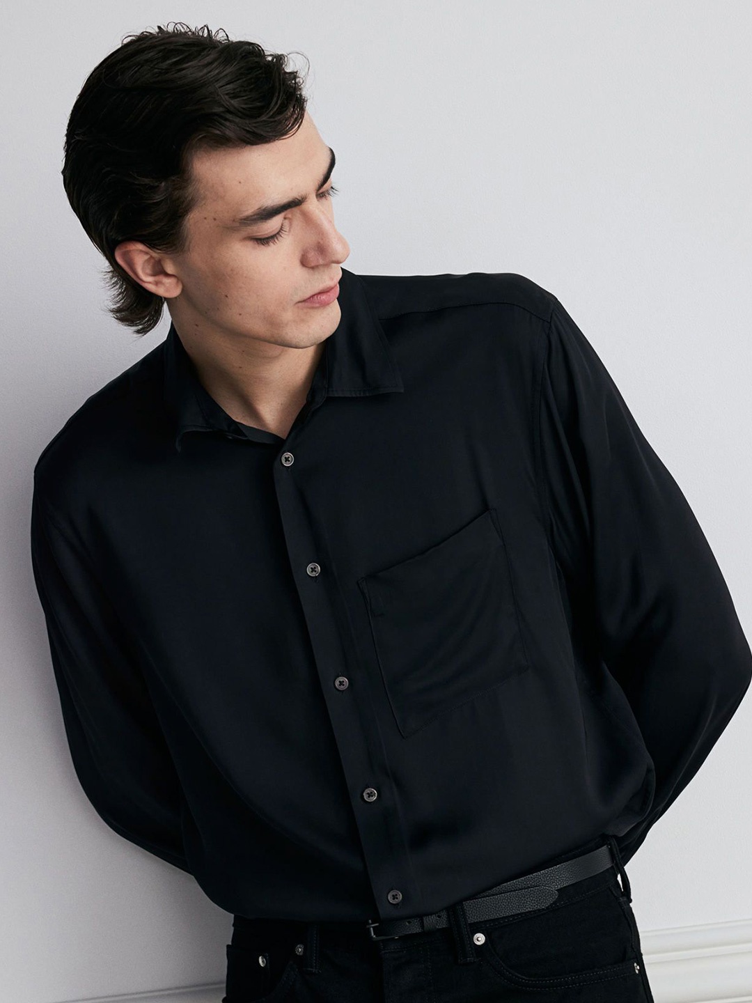 

H&M Regular Fit Satin Shirt, Black