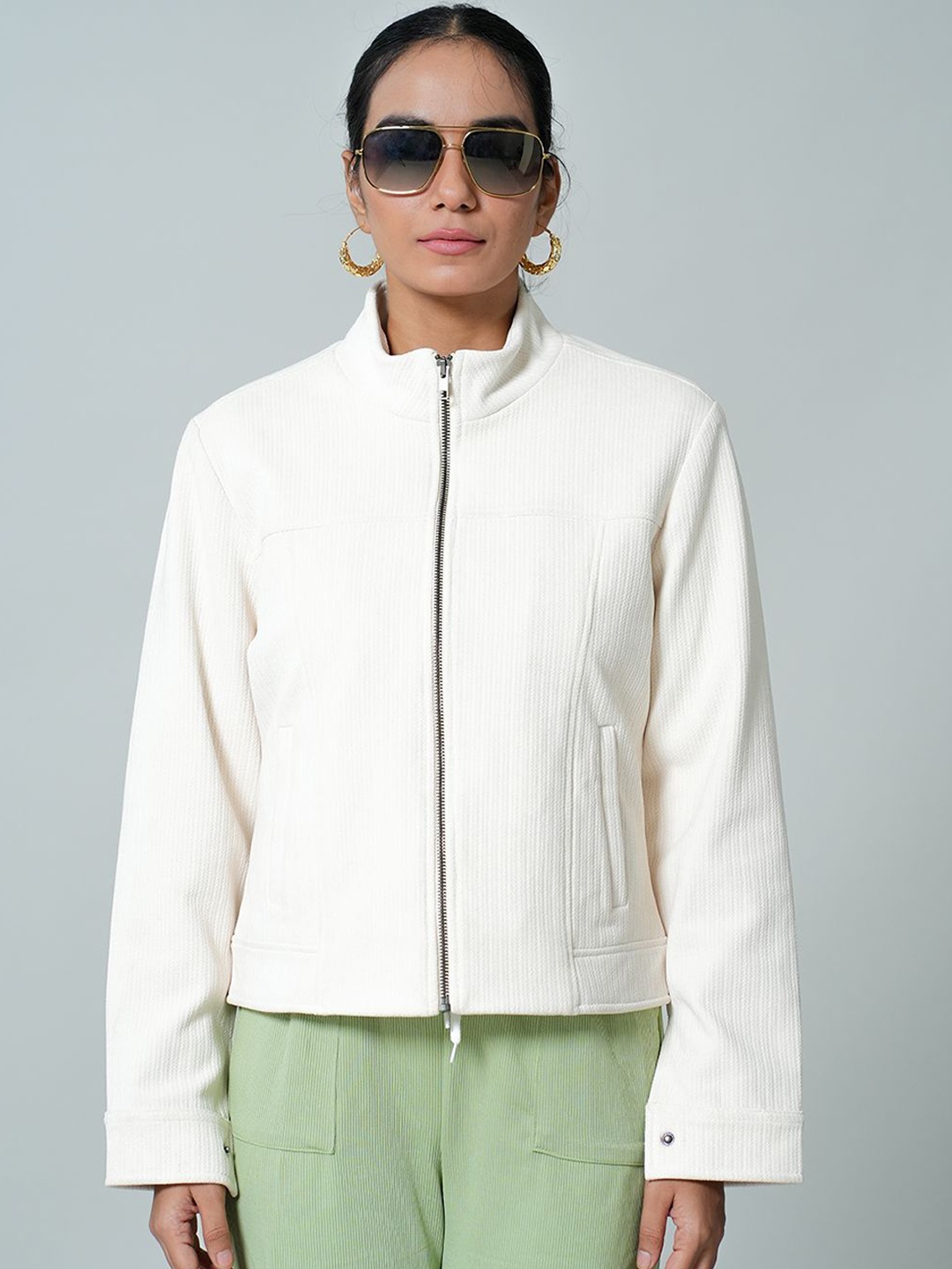 

Fort Collins Women Mock Collar Solid Corduroy Casual Open Front Jacket, Off white