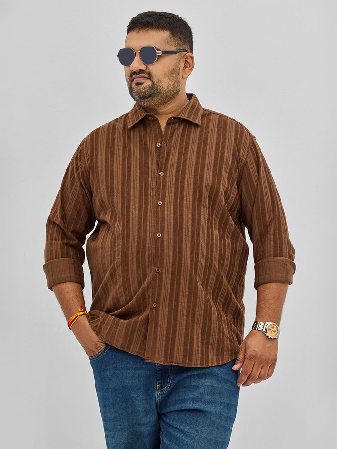 

Snitch Plus Size Men Classic Spread Collar Striped Cotton Casual Shirt, Brown