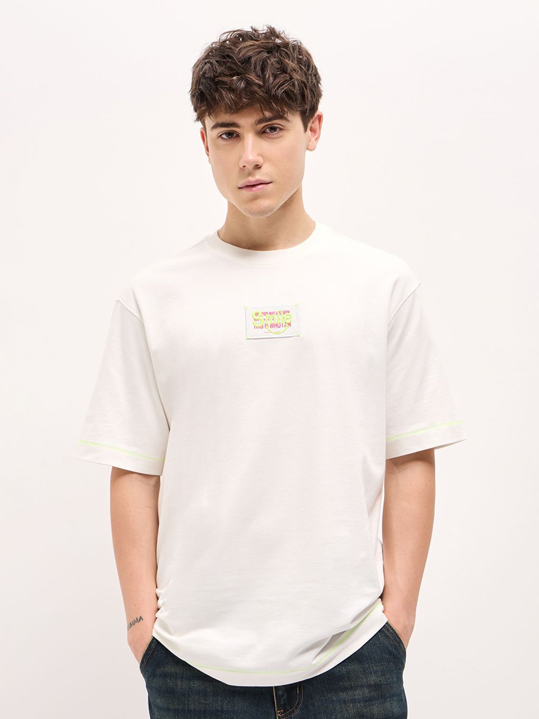 

THE BEAR HOUSE Men Abstract Printed Round Neck Cotton Oversized T-shirt, White