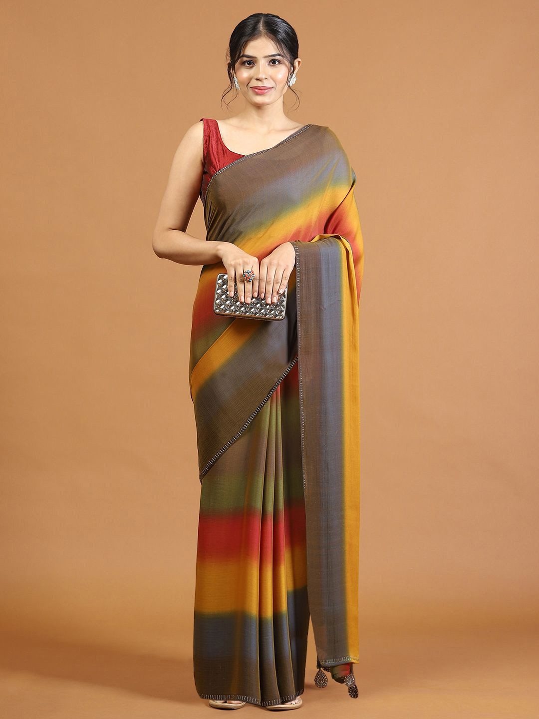 

Meena Bazaar Striped Saree With Blouse Piece, Grey