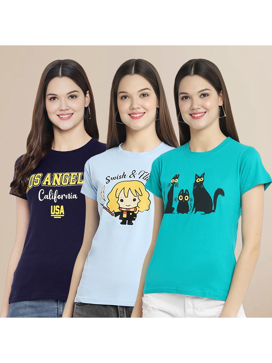 

Metronaut Women Pack Of 3 Typography Printed Round Neck Cotton T-shirts, Navy blue