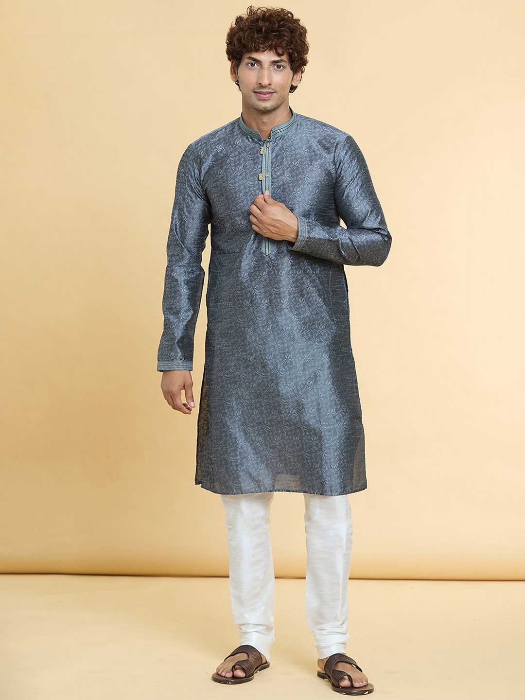 

Arihant Rai Sinha Floral Woven Design Mandarin Collar Straight Kurta With Churidar, Grey