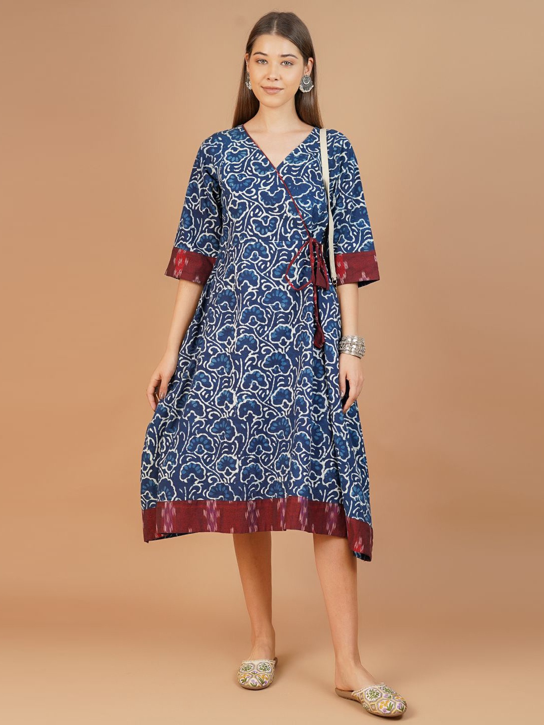 

INDOPHILIA Ethnic Motifs Printed Fit and Flare Midi Ethnic Dresses, Blue