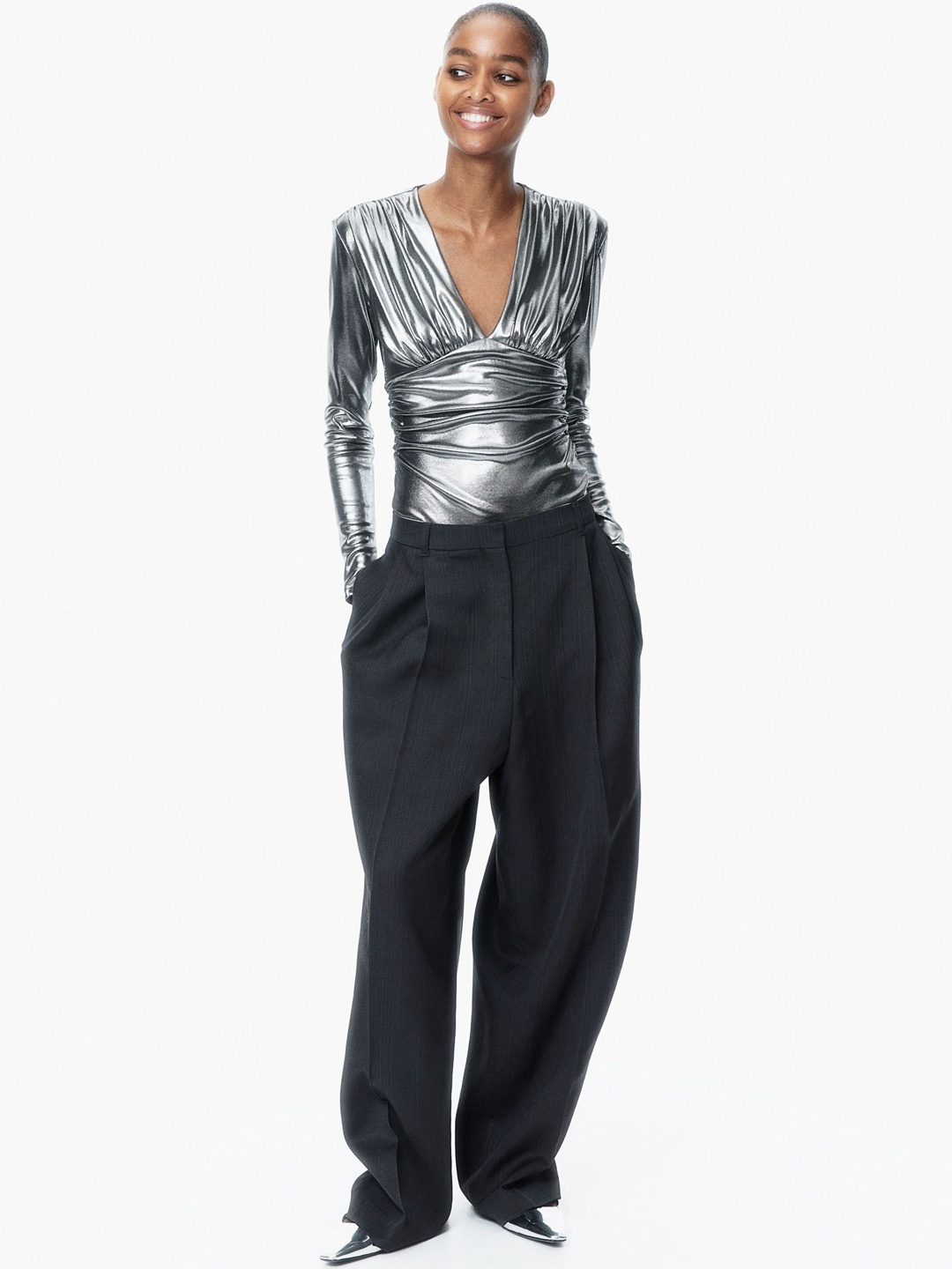 

H&M Draped V-Neck Thong Bodysuit, Silver