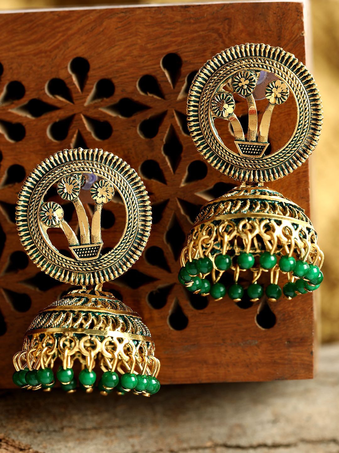 

Anouk Green Gold Plated Beaded Dome Shaped Jhumkas