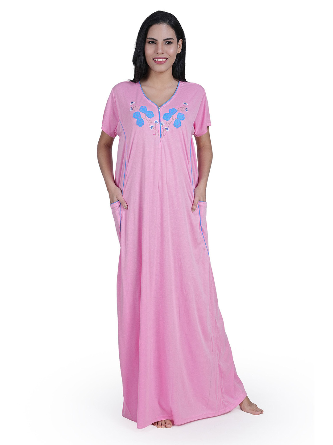 

Noty Women Embroidered V-Neck Short Sleeves Everyday Maxi Nightdress, Pink