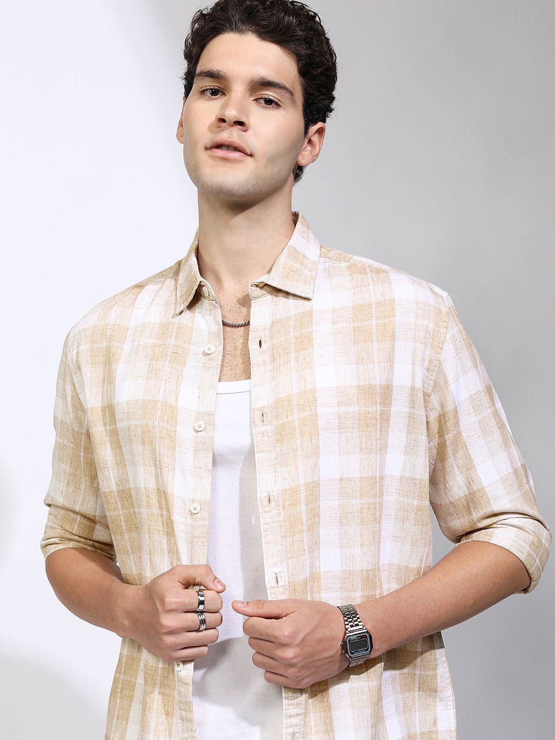 

Highlander Men Natural Yarn Checked Relaxed Shirt, Beige