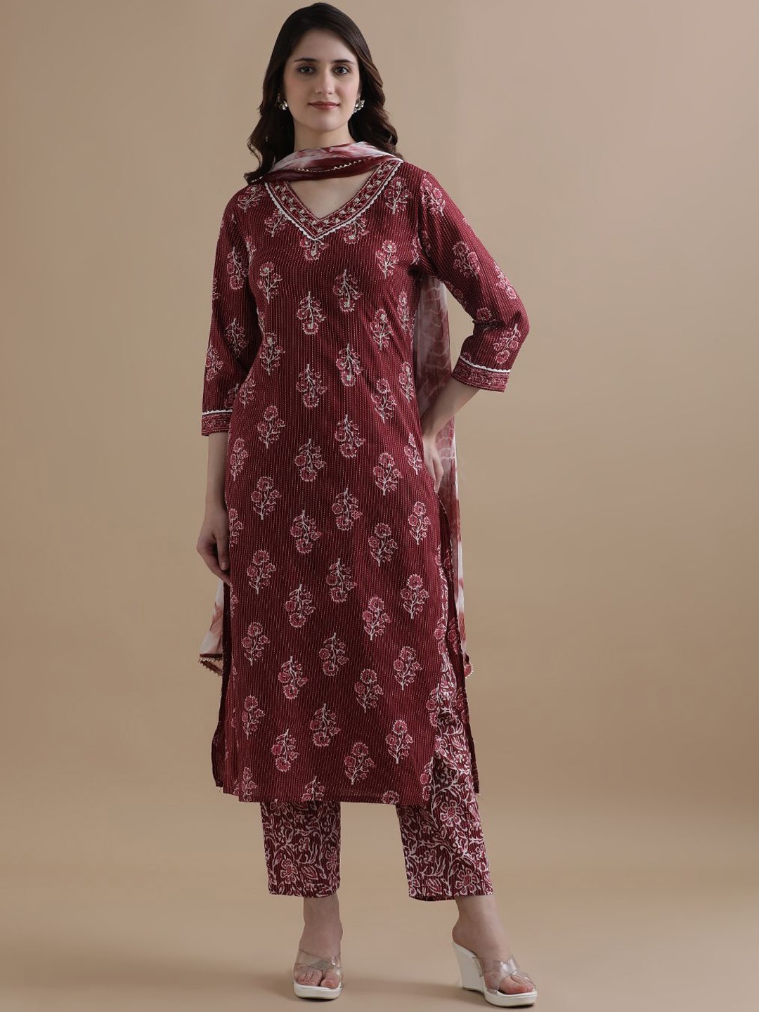

Jaipur Kurti Floral Printed Kantha Work Pure Cotton Kurta with Trouser & Dupatta, Maroon