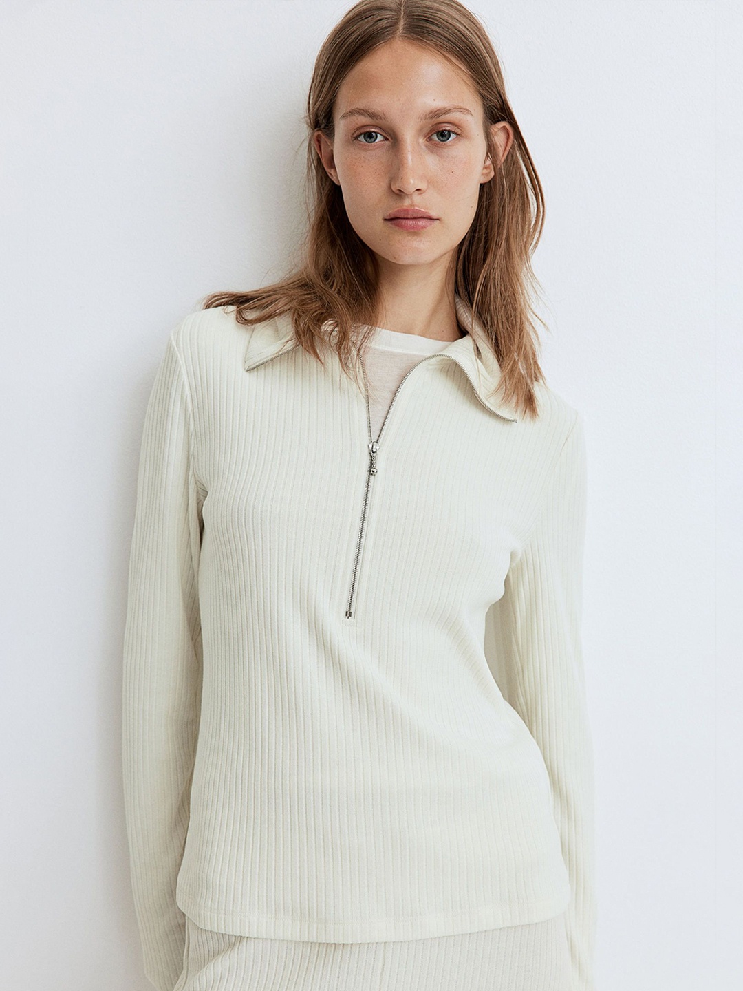 

H&M Women Rib-Knit Zip-Top, White