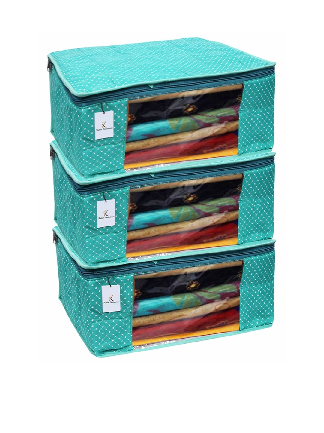 

Kuber Industries Green 3 Pieces Polka Dot Printed Cotton Multi-Utility Organisers