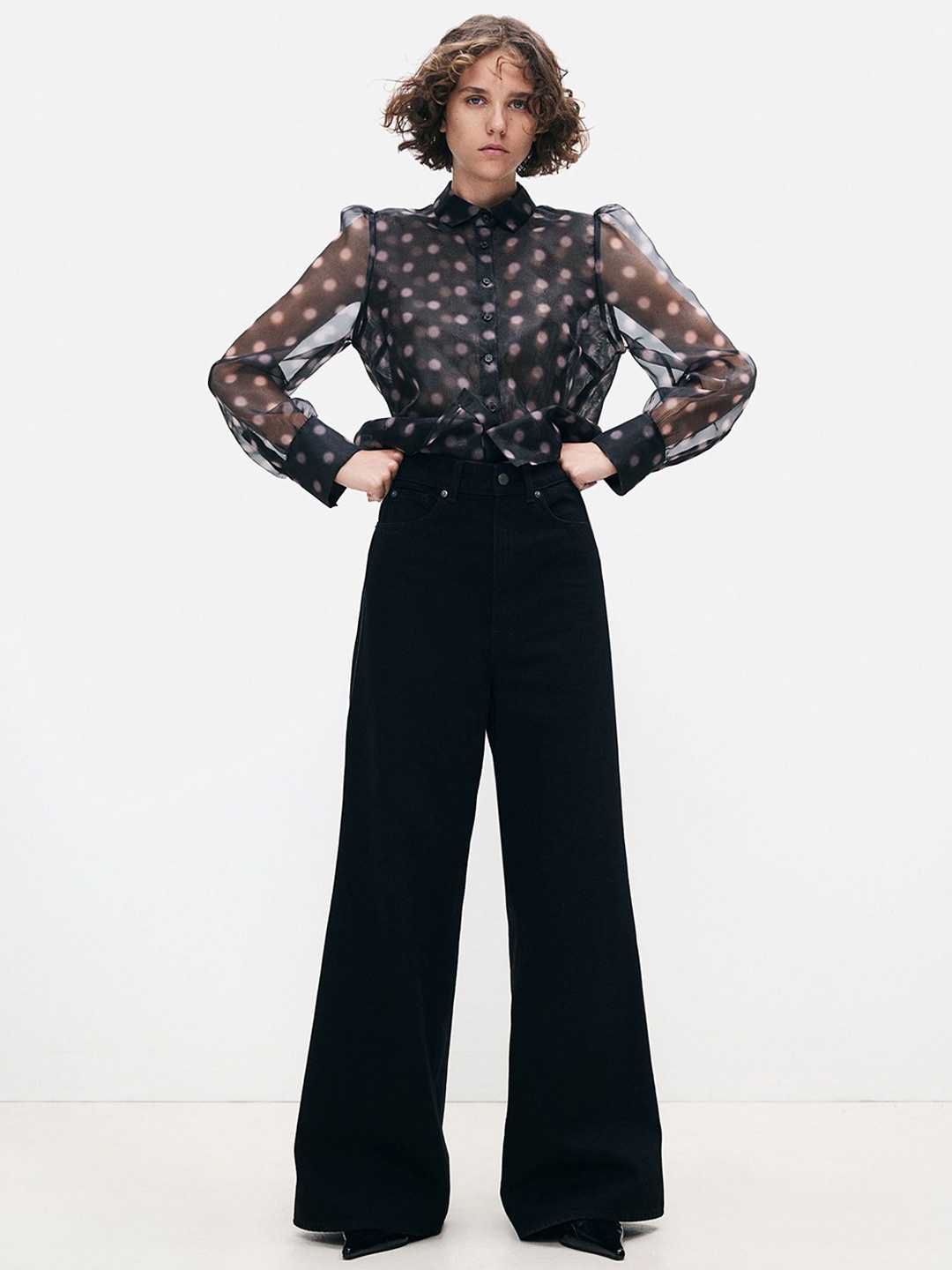 

H&M Women Puff-Sleeved Organza Shirt, Black