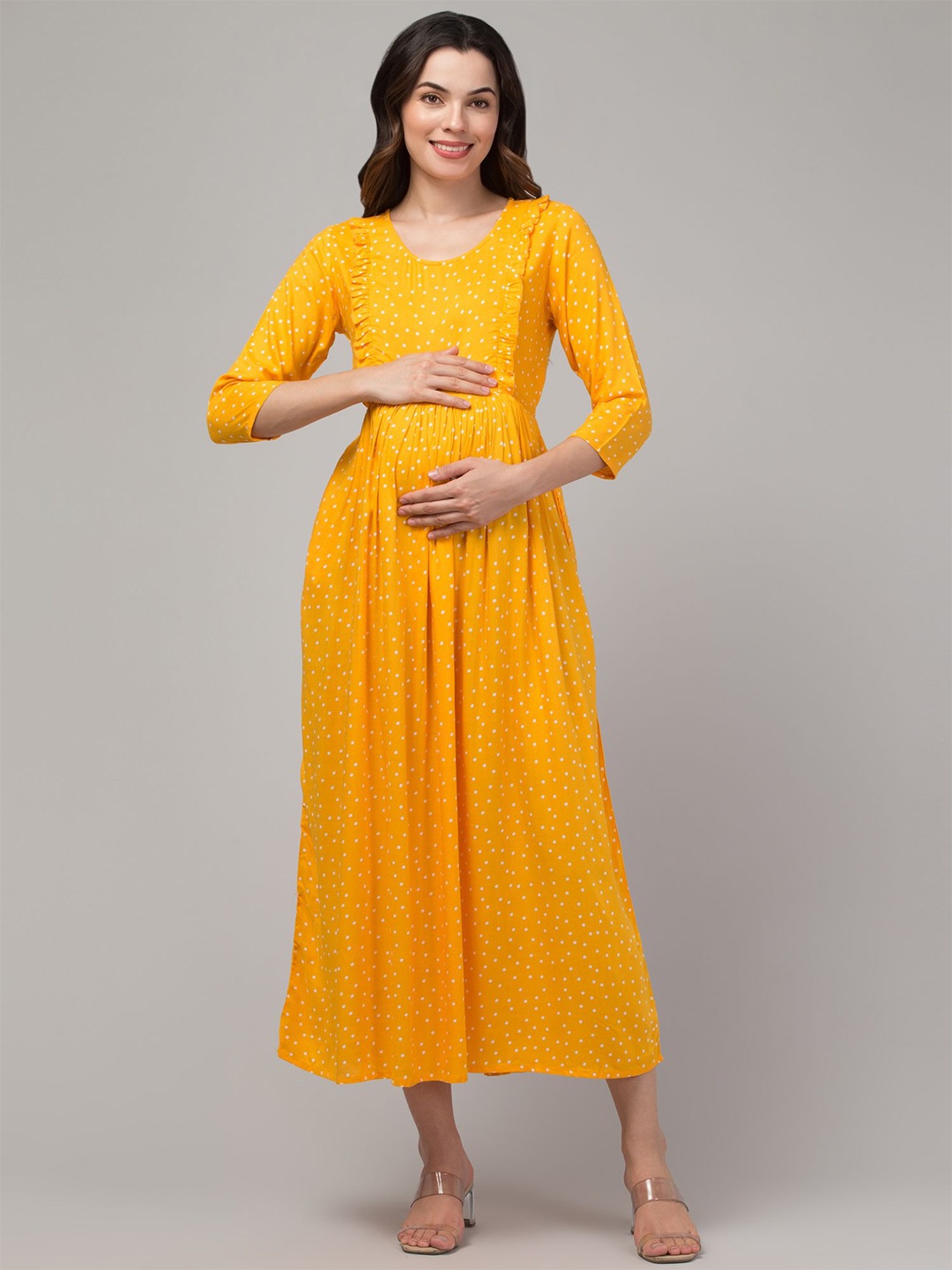 

Zuvino Women Polka Dot Printed Maternity Fit & Flare Midi Dress, Mustard