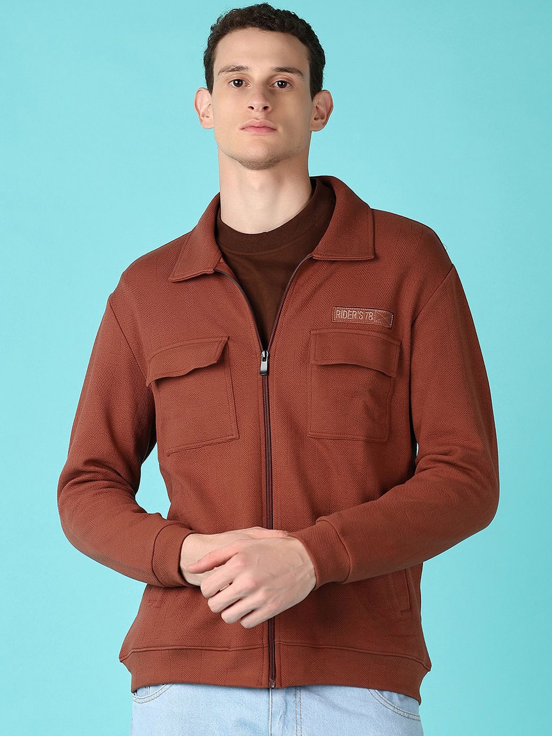 

V-Mart Men Spread Collar Solid Cotton Casual Tailored Jacket, Brown