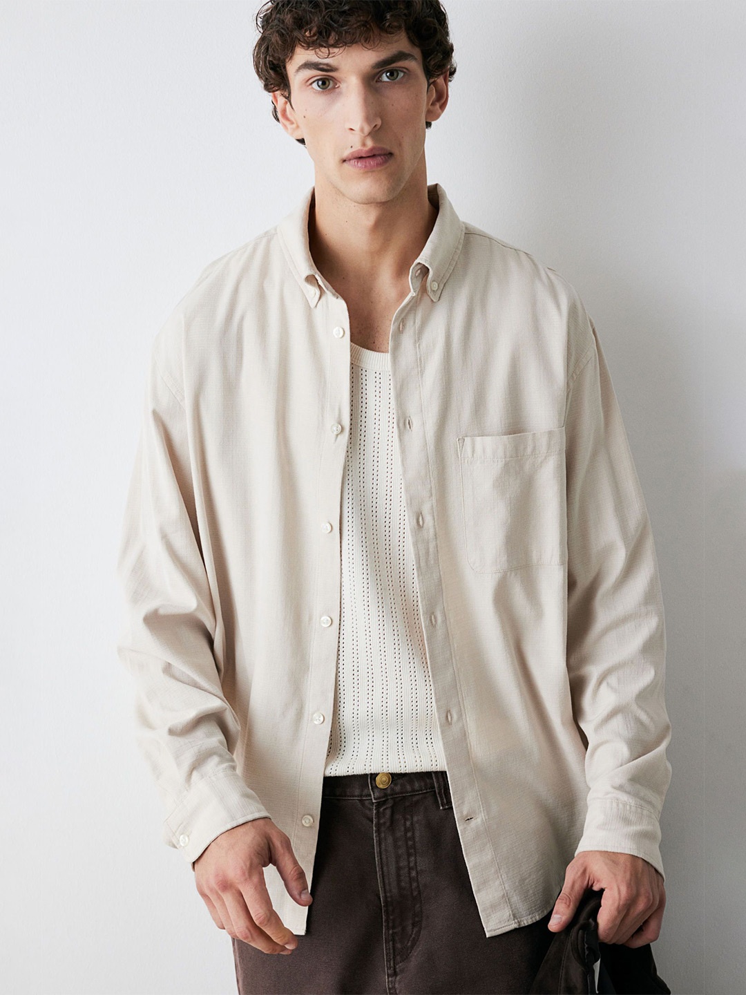 

H&M Regular Fit Textured Shirts, Beige