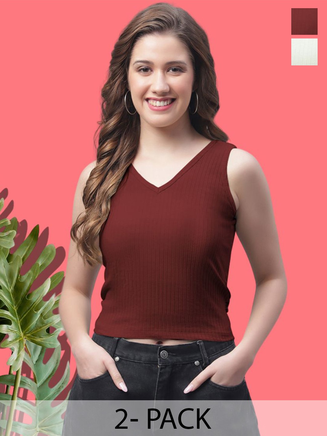 

FBAR Women Pack of 2 Cotton V-Neck Sleeveless Crop Tops, Maroon