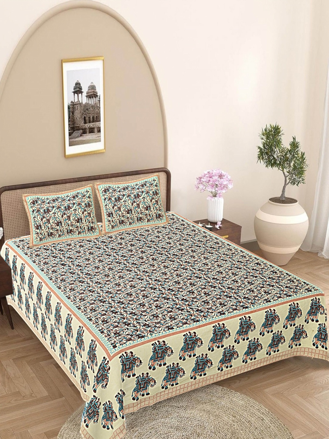 

FrionKandy Living Blue Ethnic Motifs Cotton 180 TC King Bedsheet Set 2.12 m x 2.62 m, Turquoise blue