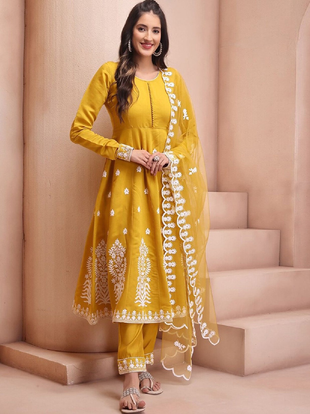 

Yara Creation Ethnic Embroidered Anarkali Chanderi Silk Kurta with Trousers & Dupatta, Yellow