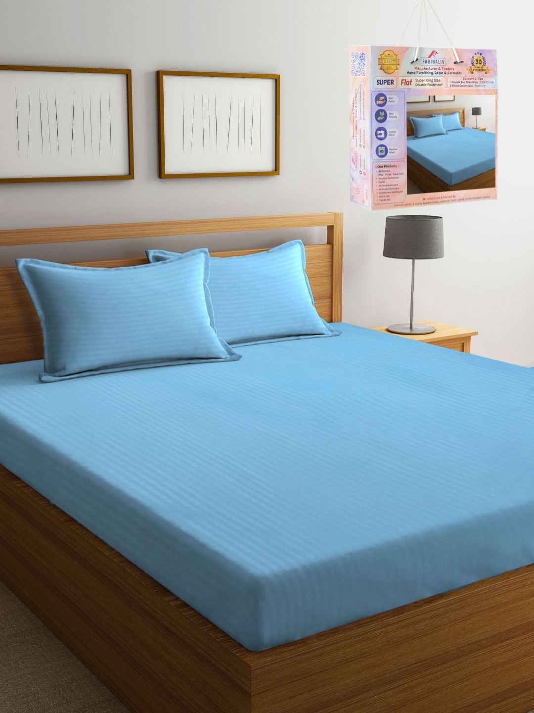 

FABINALIV Blue Striped 300 TC King Bedsheet Set 2.70 m x 2.70 m