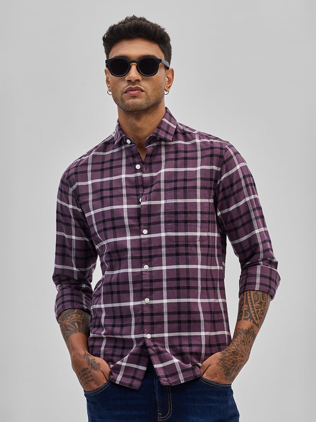 

Snitch Men Smart Spread Collar Tartan Checked Cotton Casual Shirt, Purple