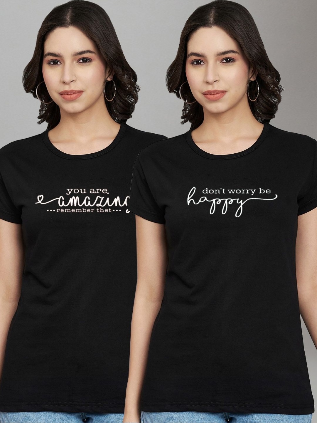 

Trend Level Women Pack Of 2 Geometric Printed Round Neck Cotton T-shirts, Black