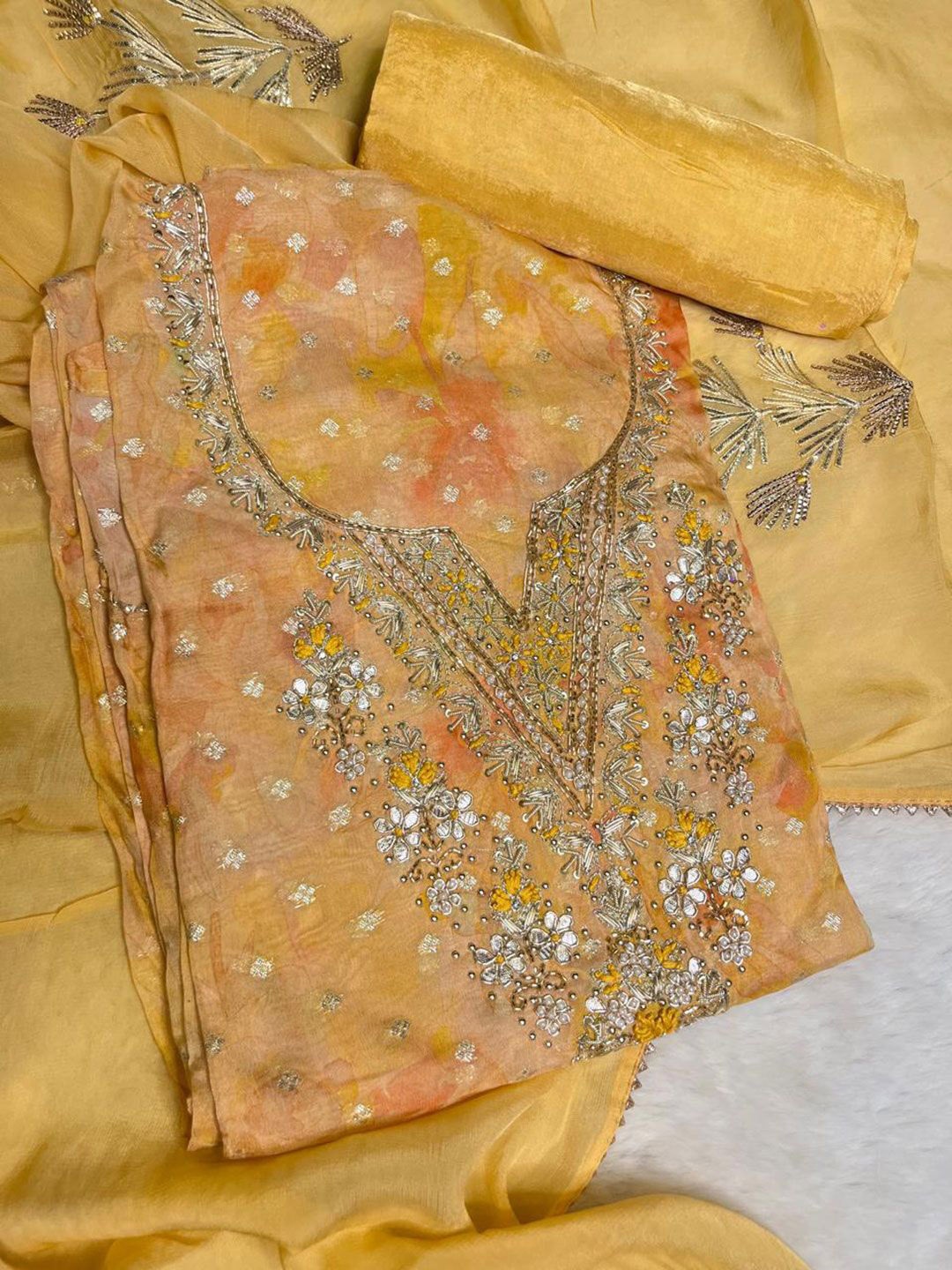 

ROOPKALA Embellished Organza Unstitched Dress Material, Yellow